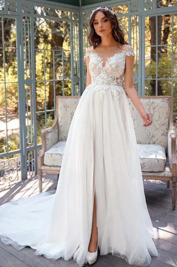A-Line Illusion Neck Lace Tulle Wedding Dresses With Appliques Lace