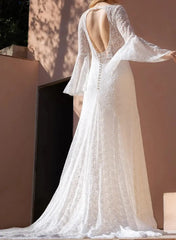 A Line Illusion Neck Long Sleeves Sweep Train Matte Satin Wedding Dress with Lace