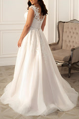 A-Line Illusion Neck Sleeveless Sweep Train Lace Wedding Dress for Plus Size