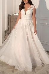 A-Line Illusion Neck Sleeveless Sweep Train Lace Wedding Dress for Plus Size