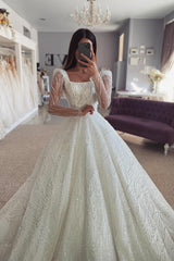 A Line Lace Off The Shoulder Sleeve White Wedding Dress Bridal Gown With Ruffles