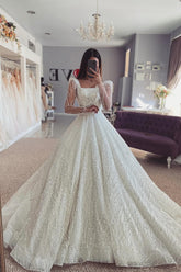 A Line Lace Off The Shoulder Sleeve White Wedding Dress Bridal Gown With Ruffles