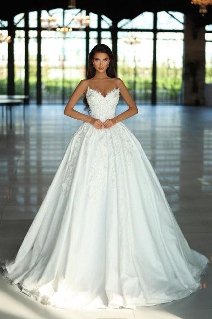 A Line Lace V Neck Sleeveless White Wedding Dress Bridal Gown With Appliques