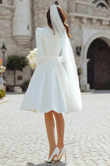 A Line Long Sleeve Wedding Dress Crew Neck Satin Tea Length Bridal Gown