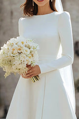 A Line Long Sleeve Wedding Dress Crew Neck Satin Tea Length Bridal Gown