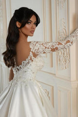 A Line Long Sleeve White Wedding Dress Beaded Lace Up Lace Ball Gown Bridal Gown With Pearls