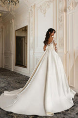 A Line Long Sleeve White Wedding Dress Beaded Lace Up Lace Ball Gown Bridal Gown With Pearls