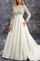 A-Line Long Sleeves Court Train Lace/Satin Wedding Dresses With Pockets
