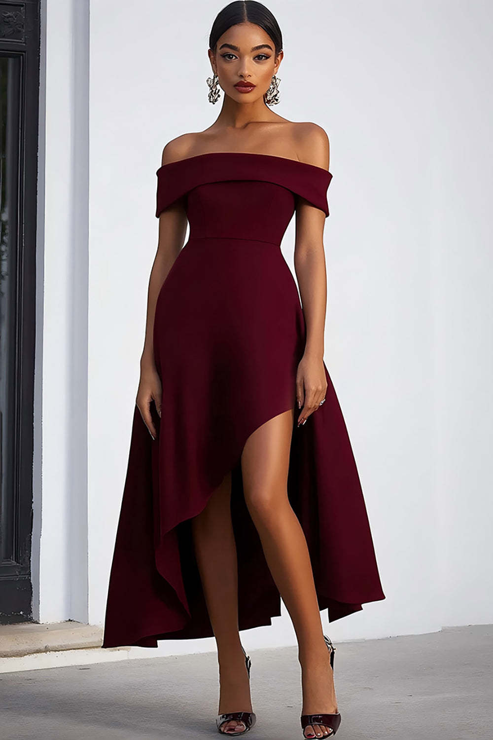 A Line Off The Shoulder Burgundy Wedding Guest Dress High-Low Formal Dress