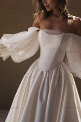 A-Line Off-The-Shoulder Long Sleeves Satin Beach Wedding Dresses With Pleated