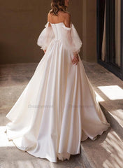 A-Line Off-The-Shoulder Long Sleeves Satin Beach Wedding Dresses With Pleated