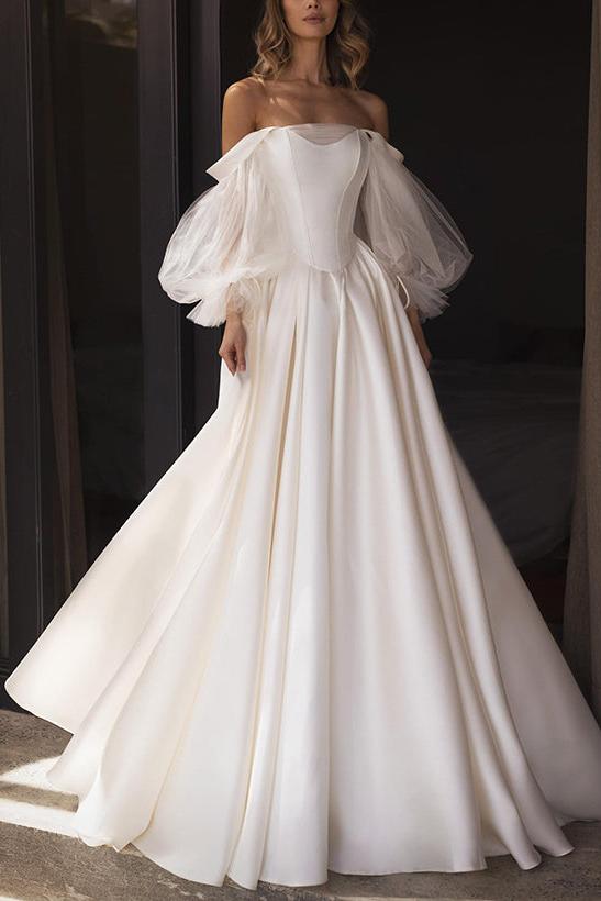 A-Line Off-The-Shoulder Long Sleeves Satin Wedding Dresses With Pleated