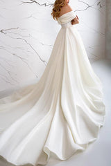 A-Line Off-The-Shoulder Sleeveless Satin Beach Wedding Dresses With Front Split