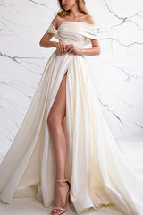 A-Line Off-The-Shoulder Sleeveless Satin Wedding Dresses With Front Split