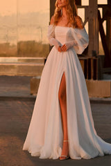 A-Line Off-The-Shoulder Sleeveless Sweep Train Tulle Beach Wedding Dresses With Split Front