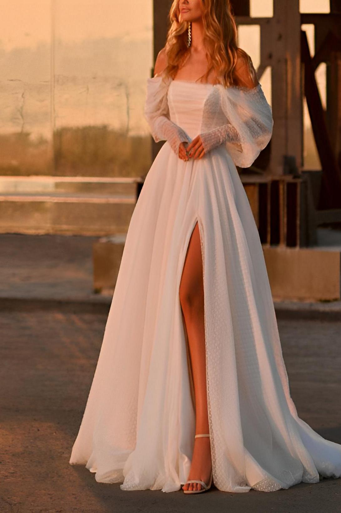 A-Line Off-The-Shoulder Sleeveless Sweep Train Tulle Wedding Dresses With Split Front
