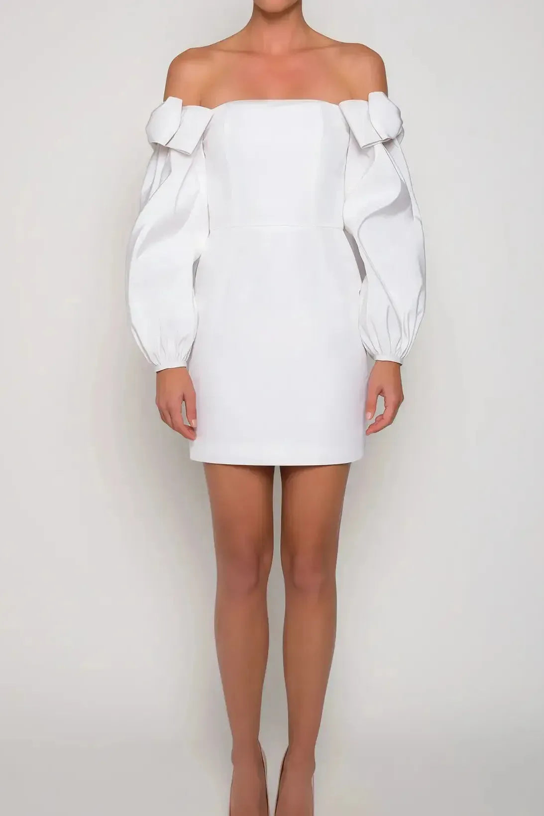 A Line Off the Shoulder Long Sleeves Short Mini Elastic Satin Wedding Dress with Bow