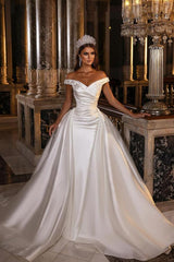 A Line Off the Shoulder Sweetheart Backless Satin Wedding Dress with Ruffles and Appliques