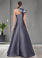 A Line One Shoulder Sleeveless Satin Bridesmaid Dresses With Bow(s) and Pockets