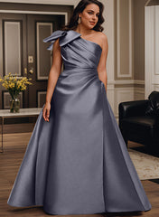 A Line One Shoulder Sleeveless Satin Bridesmaid Dresses With Bow(s) and Pockets