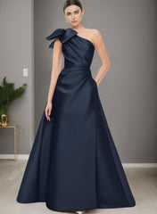 A Line One Shoulder Sleeveless Satin Bridesmaid Dresses With Bow(s) and Pockets
