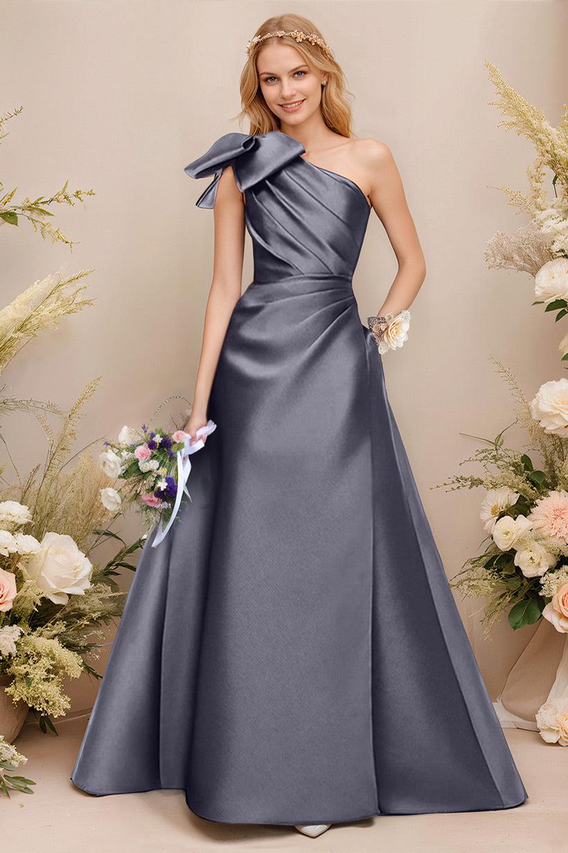 A Line One Shoulder Sleeveless Satin Bridesmaid Dresses With Bow(s) and Pockets