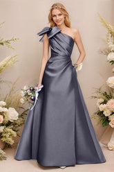 A Line One Shoulder Sleeveless Satin Bridesmaid Dresses With Bow(s) and Pockets