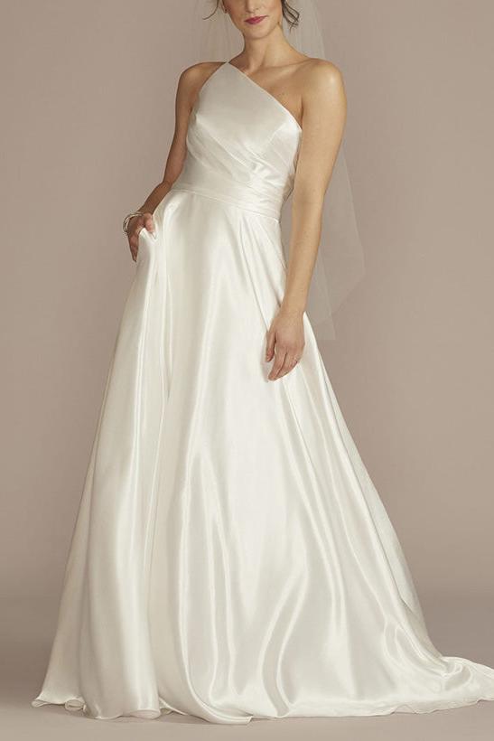 A-Line One-Shoulder Sleeveless Sweep Train Silk Like Satin Wedding Dresses