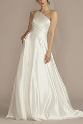 A-Line One-Shoulder Sleeveless Sweep Train Silk Like Satin Wedding Dresses