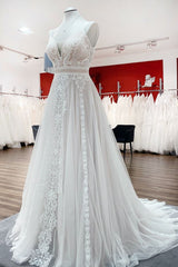 A Line Open Back Tulle Lace Wedding Dress with Ruffles