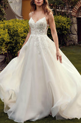 A-Line Organza Wedding Dresses with Lace Detail and Open Back