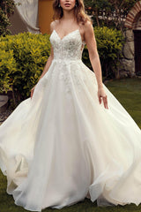 A-Line Organza Wedding Dresses with Lace Detail and Open Back