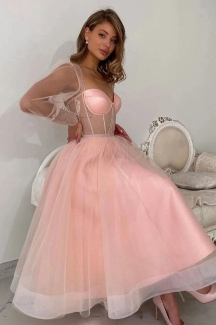 A Line Pink Prom Dress Tulle Sleeves Formal Dress Peach Party Dress