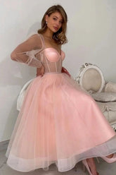 A Line Pink Prom Dress Tulle Sleeves Formal Dress Peach Party Dress
