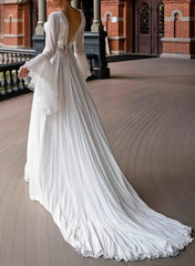 A Line Plunge Neck Long Sleeves Chapel Train Chiffon Lace Wedding Dress with Pockets and High Slit