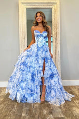 A Line Prom Dress Blue Sweetheart Corset Floral Tiered Lace Up Evening Dress