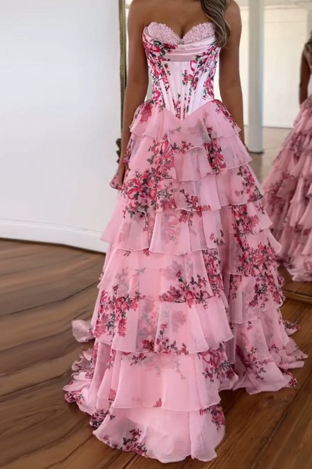 A Line Prom Dress Blue Sweetheart Corset Floral Tiered Lace Up Evening Dress