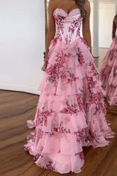 A Line Prom Dress Blue Sweetheart Corset Floral Tiered Lace Up Evening Dress