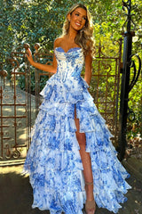 A Line Prom Dress Blue Sweetheart Corset Floral Tiered Lace Up Evening Dress