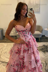 A Line Prom Dress Blush Sweetheart Corset Floral Tiered Long Evening Dress