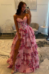 A Line Prom Dress Blush Sweetheart Corset Floral Tiered Long Evening Dress