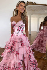 A Line Prom Dress Blush Sweetheart Corset Floral Tiered Long Evening Dress