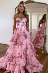 A Line Prom Dress Blush Sweetheart Corset Floral Tiered Long Evening Dress