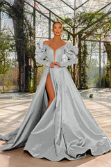 A Line Prom Dress Long Sleeve Off the Shoulder Satin Evening Dress