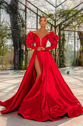 A Line Prom Dress Long Sleeve Off the Shoulder Satin Evening Dress