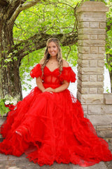 A Line Prom Dress Off the Shoulder Red Tulle Corset Evening Dress with Bowknot