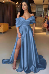 A Line Prom Dress Off the Shoulder Satin Evening Dress