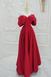 A Line Prom Dress Off the Shoulder Satin Red Long Evening Dress