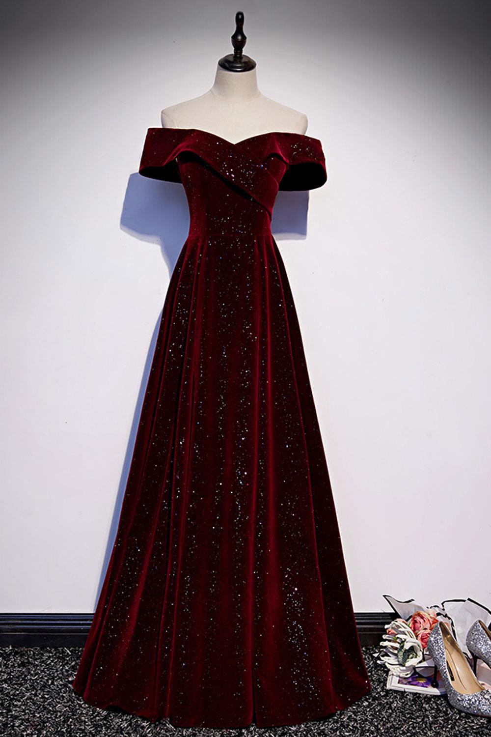 A Line Prom Dress Off the Shoulder V Neck Velvet Burgundy Long Formal Evening Dress
