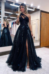 A Line Prom Dress One Shoulder Black Long Evening Dress with Appliques